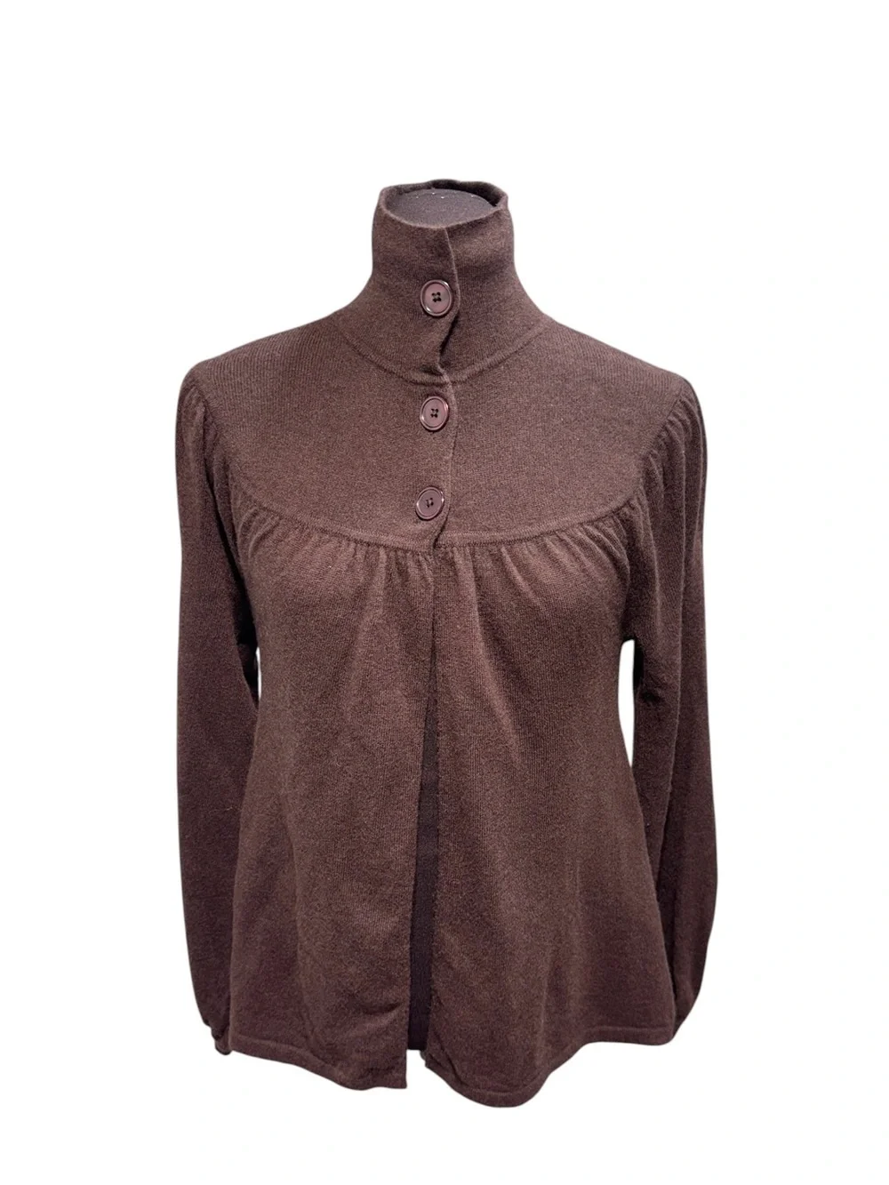 VTG Kenar 100% Cashmere Open Front Mock Neck Button Sweater Cardigan Chocolate M - Picture 2 of 11